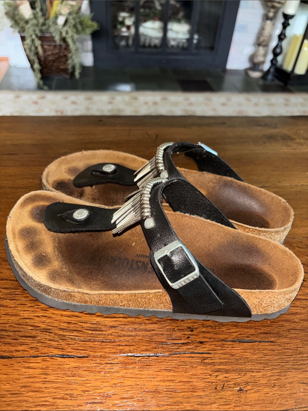 Birkenstock Gizeh Black Sandals with Silver Accents